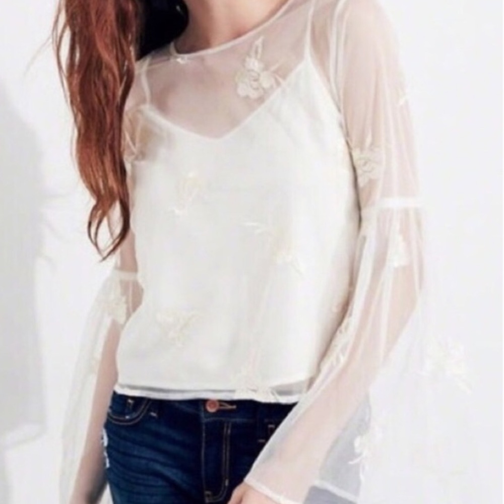 Hollister floral embroidered bell sleeve mesh top
